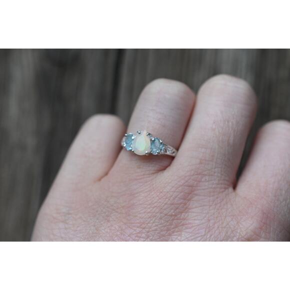 Aquamarine and opal engagement ring sterling silver size 3 4 5 6 7 8 9 10 11 12 - Picture 5 of 5